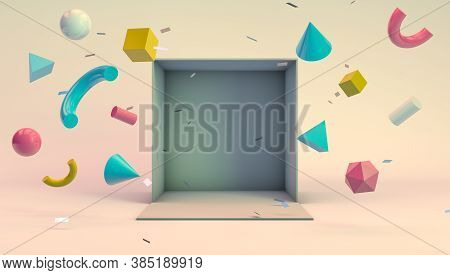 3d Rendering, Abstract Mock Up Of Colorful Geometric Objects Flying On White Opening Box, Blank Empt