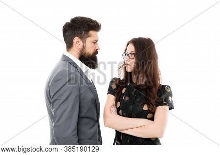 Man With Beard And Sexy Woman In Relations. Partnership And Relations. Businesspeople Relations. Bus