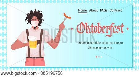 Man Holding Beer And Sausage Oktoberfest Party Festival Celebration Guy Wearing Mask To Prevent Coro