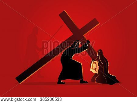 Biblical Vector Illustration Series. Way Of The Cross Or Stations Of The Cross, Sixth Station, Veron