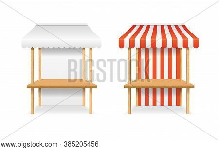 Realistic Detailed 3d Blank And Striped Market Stall Empty Template Mockup Set. Vector Illustration 