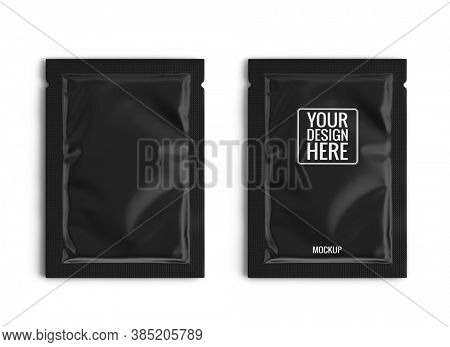 Blank black sachet packet isolated on white. Small pack sachet mockup. 3d rendering