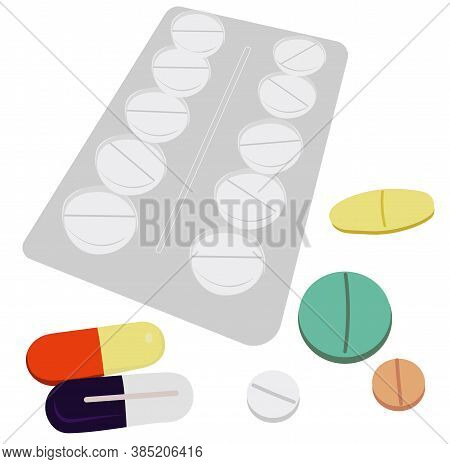 Vector Stock Illustration Of A Close-up Tablet. Flu Pills, A Set Of Medicine For The Disease. Medici