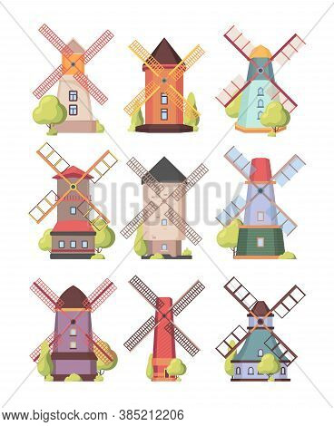 Windmill. Farm Holland Rural Buildings Watermill Electricity Generation Vector Windmill. Wind Mill R