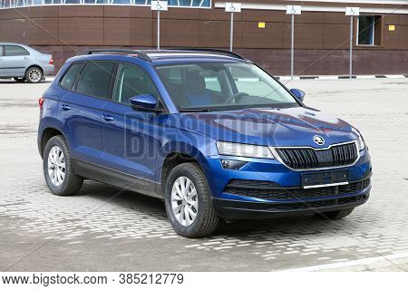Novyy Urengoy, Russia - July 14, 2020: Modern Czech Crossover Skoda Karoq In The City Street.