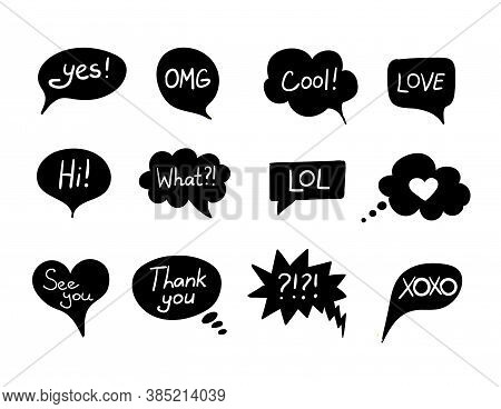 Vector Set Of Black Talk Bubbles With Handwrtitten Words Isolated On White Background, Hand Drawn Di