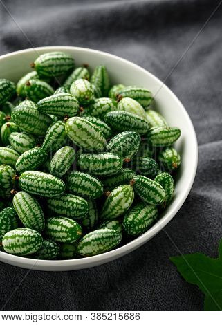 Freshly Picked Cucamelon In White Bowl. Vegetable Healthy Food