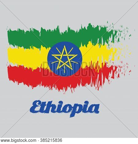 Brush Style Color Flag Of Ethiopia, Tricolor Of Green, Yellow And Red With The National Emblem. With