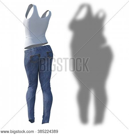 Conceptual fat overweight obese shadow female jeans undershirt vs slim fit healthy body after weight loss or diet thin young woman isolated. Fitness, nutrition or obesity health shape 3D illustration