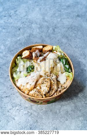 Take Away Healthy Organic Ceaser Salad With Chicken, Parmesan Cheese, Crouton Bread And Yogurt Mayon