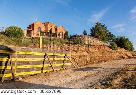 The Construction Of A Retaining Wall Or Counterfort, Formwork, Reinforced, Preparation To Pour Concr