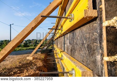 Close-up Construction Of A Retaining Wall Or Counterfort, Formwork, Reinforced, Preparation To Pour