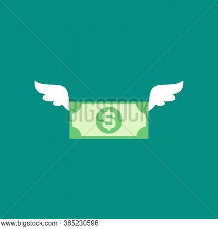Dollar Banknote With White Wings. Flat Blue Background. Flying Money. Economy, Finance, Money Pictog