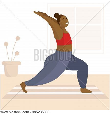 An Illustration Of A Black Woman Doing Yoga At Home. Home Workout. Body Positivity Concept.