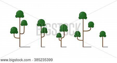 A Set Of Stylized Green Trees. Flat Style Forest. Isolated. Game Design Background.
