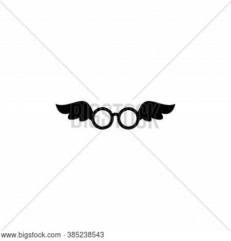 Black Flat Hipster Glasses With Wings Icon. Isolated On White. Unisex Student Eyeglasses.