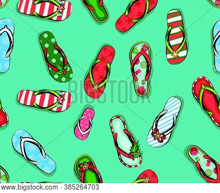 Patterns With Christmas Greeting Card With Beach Slippers In Christmas New Year Decor, Celebrate Chr