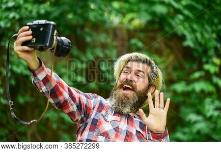 Hobby And Professional Occupation. Photographer And Vintage Camera. Man With Retro Camera. Photograp