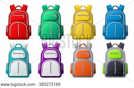 Color Sport Backpack Mockup. Different Colored Backpacks, Bags For Travel, Sport Or School Clothes A