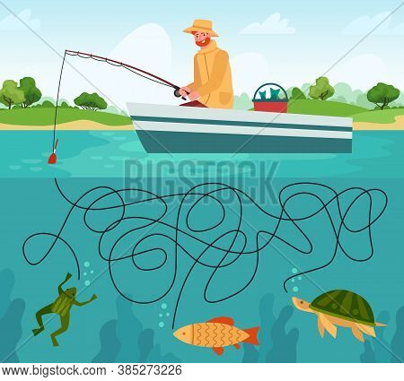 Fishing Maze Game. Funny Fisherman With Fishing Rod In Boat And Fishes, Educational Game Labyrinth F