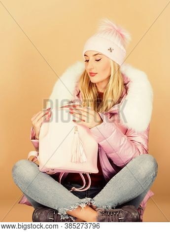 Good Time. Happy Winter Holidays. Warm Winter Clothing. Shopping. Girl In Puffed Coat. Faux Fur Fash
