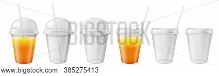 Transparent Plastic Cup. Takeaway Mug With Lid And Straw. Juice, Ice Tea And Water Beverage Containe
