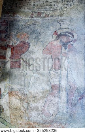 PETROVINA, CROATIA - JULY 22, 2013: Flagellation of Christ, fresco in the parish church of Saint Peter in Petrova, Croatia