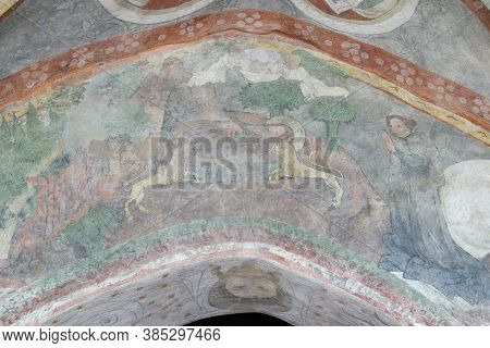PETROVINA, CROATIA - JULY 22, 2013: Fresco in the Parish Church of Saint Peter in Petrovina, Croatia