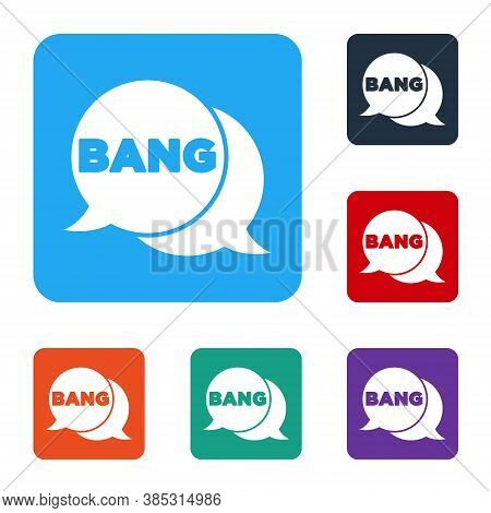 White Bang Boom, Gun Comic Text Speech Bubble Balloon Icon Isolated On White Background. Set Icons I