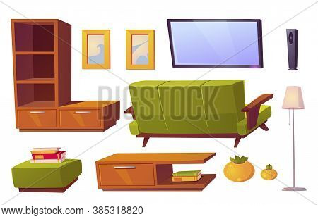 Living Room Interior Set With Green Sofa, Bookshelves And Tv. Vector Cartoon Furniture Collection Fo