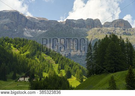 Mountain Landscape At Summer From The Village Of Arabba, Dolomites, Belluno Province, Veneto, Italy.