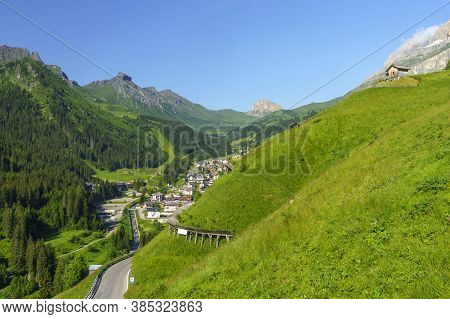 Mountain Landscape At Summer Along The Road To Campolongo Pass, Dolomites, Belluno Province, Veneto,