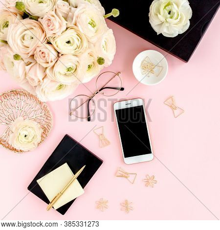 Stylized, Pink Womens Home Office Desk. Workspace With Computer, Bouquet Ranunculus And Roses, Phone