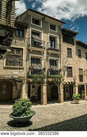 Alquezar, Spain - June 17, 2020: Main Square (plaza Mayor) Of Alquezar, With Typical Rural Houses, A