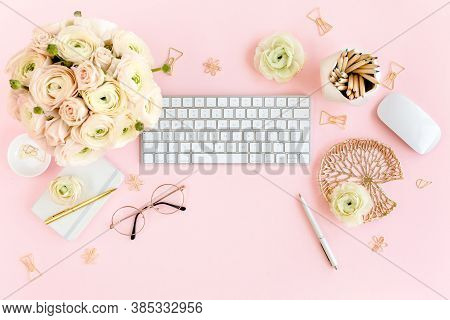 Stylized, Pink Womens Home Office Desk. Workspace With Computer, Bouquet Ranunculus And Roses, Clipb