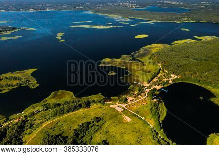 Top View Of The Snudy And Strusto Lakes In The Braslav Lakes National Park, The Most Beautiful Lakes