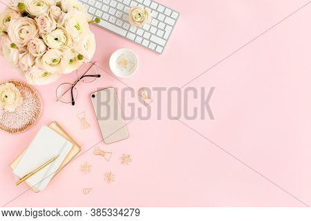 Stylized, Pink Womens Home Office Desk. Workspace With Computer, Bouquet Ranunculus And Roses, Phone