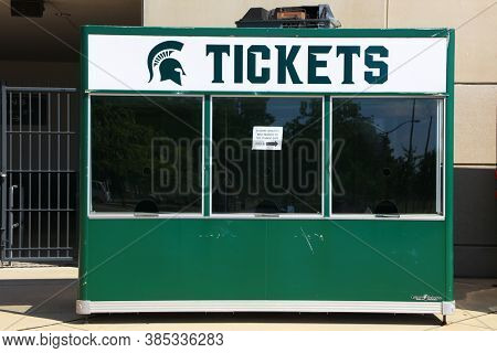 EAST LANSING, MI -22 AUGUST 2020- Empty ticket booth during lock down in front of Spartan stadium at Michigan state university.