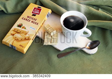 Kharkov, Ukraine - February 10, 2020: Fin Carre, Weisse Ganze Nuss German White Chocolate Bar With W