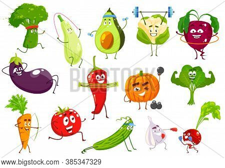 Vegetables Sportsmen, Vector Broccoli, Squash And Avocado, Cauliflower And Beetroot. Eggplant, Chili