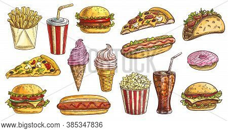Sketch Fast Food Meals Isolated Vector Icons Ice Cream In Waffle Cone, Soda Drink With Ice Cubes And