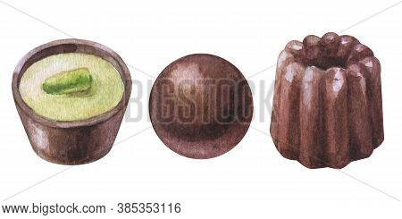Watercolor Hand Painted Chocolate Candies. Set Sweet Dessert With Cashew Nut, Chocolate Milk Ball Is