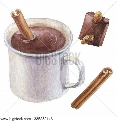 Watercolor Hand Painted Chocolate Confection. Set Sweet Desert With Hot Chocolate, Cinnamon, Pieces 