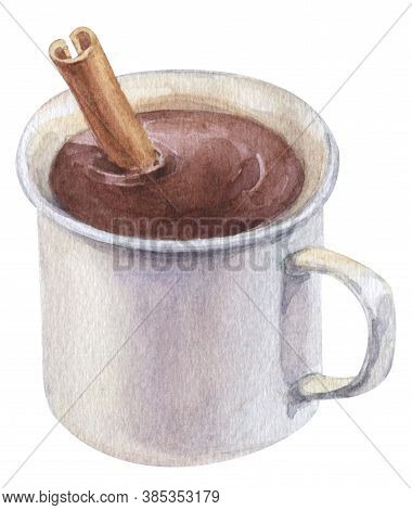 Watercolor Hand Painted Delicious Hot Chocolate With Cinnamon Stick In A White Mug Isolated On White
