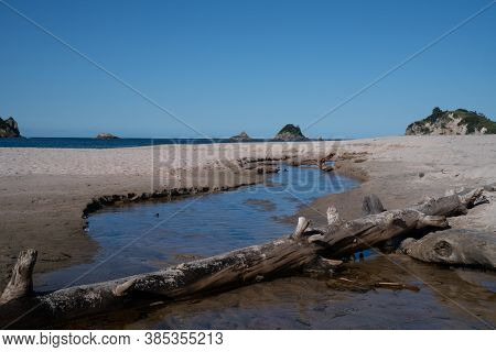 Hahei Beach White Sand And Blue Sea With Small Stream Through Sand And Driftwood Log Laying Across.
