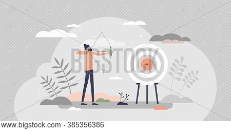 Archery As Aim Arrows Accuracy Sport And Target Reaching Tiny Person Concept. Business Precision As 