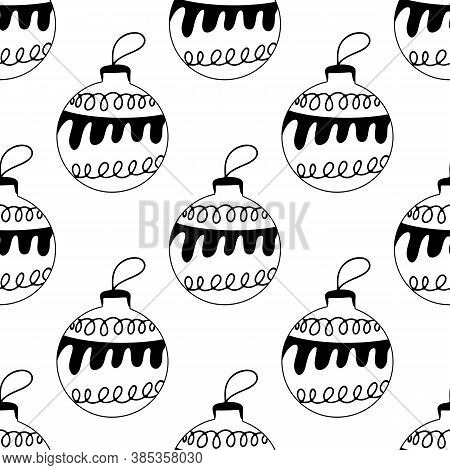 Seamless Pattern Made Frome Hand Drawn Christmas Tree Balls With Doodle Elements. Isolated On A Whit