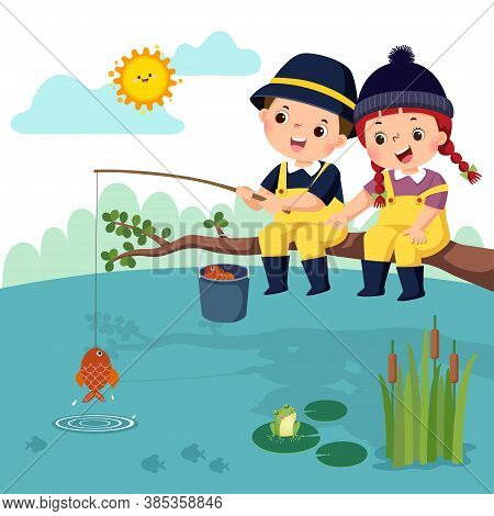 Vector Illustration Of Little Happy Boy And Girl Sitting On The Branch And Fishing In A Pond. Fisher