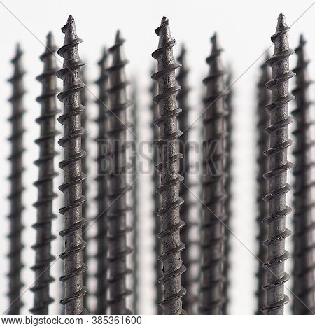 A Lot Of Black Long Self-tapping Screws Stand Upright On A White Background. Close-up. Hardware, Iro