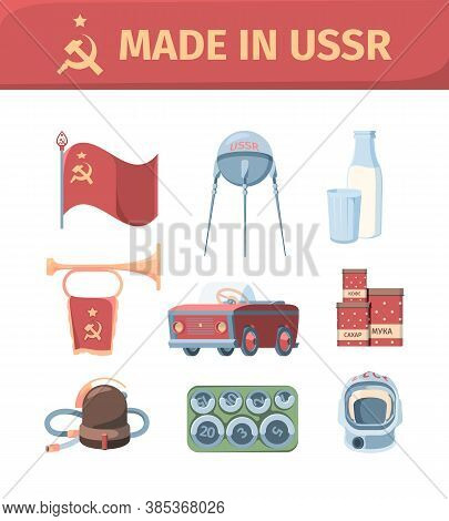 Items Made In Ussr Set. Sputnik Glass Bottle With Kefir National Flag Hammer Sickle Red Tin Cans Sto